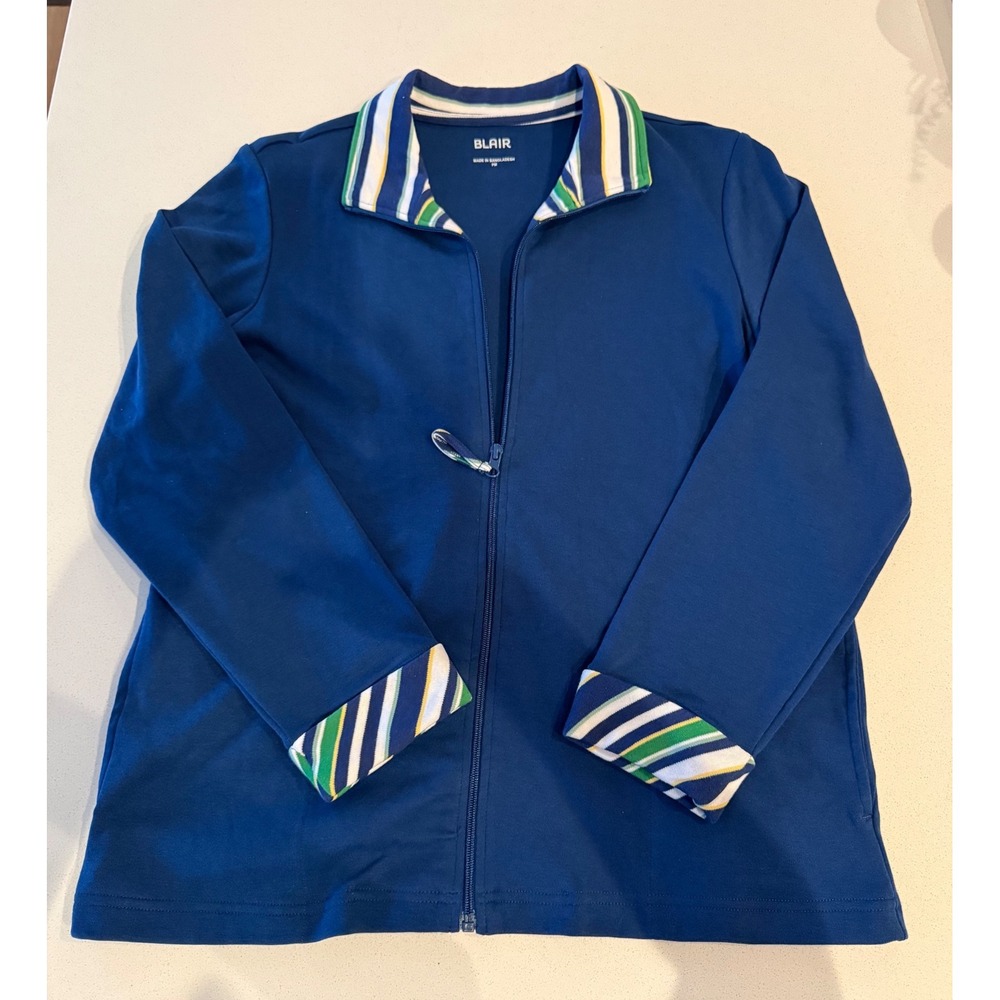 Blair Womens Navy Blue Full Zip Sweatshirt Striped Collar Cuffs PM OB0034380